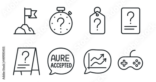 Line style icons of quiz challenges: challenge icon, time-bound badge, competition tag, quiz challenge file, trivia challenge board, score race chart, challenge accepted bubble, game symbol.