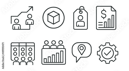 Line style icons of resource management in dashboards: resource allocation icon, available assets badge, task assignment tag, budget tracking file, team capacity board, project resource chart,