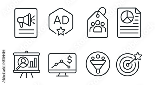 Line style icons of marketing reports: marketing campaign icon, ad performance badge, social reach tag, campaign result file, audience analysis board, campaign ROI chart, marketing funnel bubble,