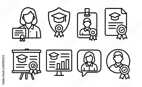 Line style icons of teaching certifications: teacher certification icon, education badge, classroom qualification tag, certified educator file, teaching diploma board, classroom skills chart,