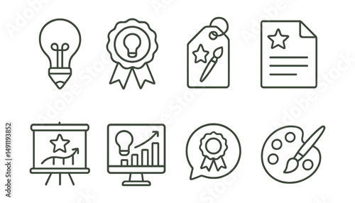 Line style icons of creative achievement: creative icon, innovation award badge, artistic talent tag, design excellence file, performance recognition board, creativity chart, award-winning bubble,