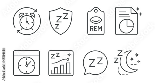 Line style icons of sleep trackers: sleep duration icon, deep sleep badge, REM cycle tag, sleep quality file, wake-up time board, night rest chart, bedtime reminder bubble, sleep pattern symbol.