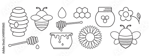 Honey line icon, bee and honeycomb outline design, beehive and jar, wax cell, flower and hexagon black silhouette set isolated on white background. Sweet taste farm product. Simple vector illustration
