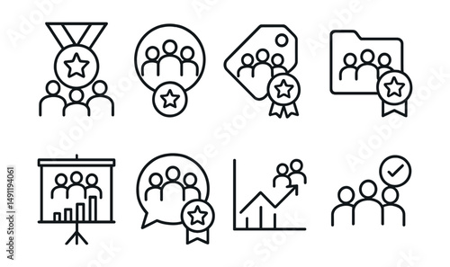 Line style icons of team medals: team victory icon, group medal badge, collaboration award tag, team prize file, collective effort board, teamwork chart, group achievement bubble, team success symbol