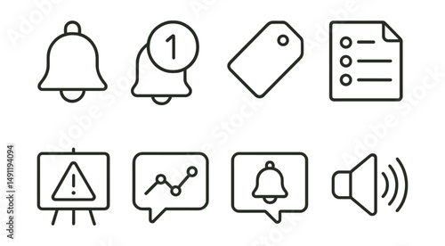 Line style icons of basic reminders: bell icon, alarm badge, notification tag, reminder list file, alert board, message ping chart, reminder pop-up bubble, alert sound symbol.