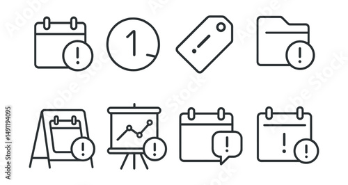 Line style icons of important event reminders: meeting alert icon, event countdown badge, appointment reminder tag, important date file, conference alert board, event reminder chart, calendar ping
