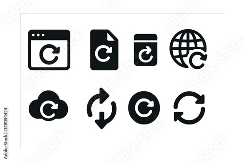 Solid style icons of browser and page reloads: browser reload icon, web page refresh, tab update icon, internet sync, cloud reload symbol, forced refresh icon, content reload badge, navigation update