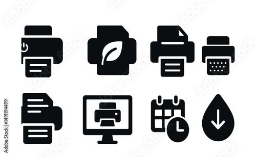Solid style icons of eco and smart printing: eco mode print icon, print with leaf symbol, duplex print icon, toner saver mode, paper-saving print, preview before print, smart scheduling, reduce ink