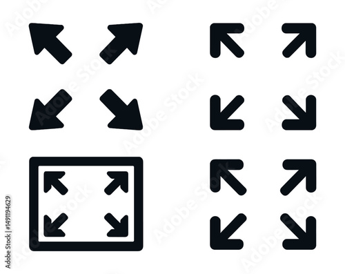 Solid style icons of exit fullscreen: collapse screen icon, arrows inward, exit fullscreen toggle, minimize from full window, restore screen icon, partial view symbol, shrink display, window restore