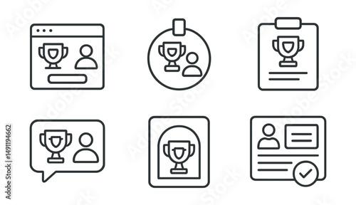 Line style icons of tournament participation: registration icon, sign-up badge, participant tag, player registration file, confirmation email board, player profile chart, competition sign-in bubble,