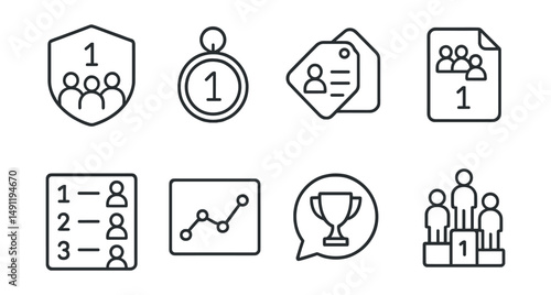 Line style icons of team tournament rankings: team rank icon, position badge, player stats tag, team score file, group ranking board, performance chart, leaderboard bubble, team placement symbol.