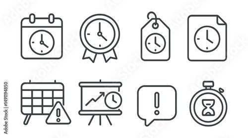 Line style icons of task deadlines: deadline icon, due date badge, due soon tag, end time file, priority schedule board, last-minute task chart, alert bubble, deadline countdown symbol.