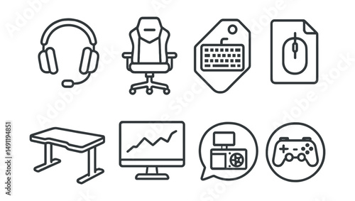 Line style icons of gaming gear: headset icon, gaming chair badge, keyboard tag, mouse file, gaming desk board, gaming monitor chart, hardware setup bubble, gamer gear symbol.
