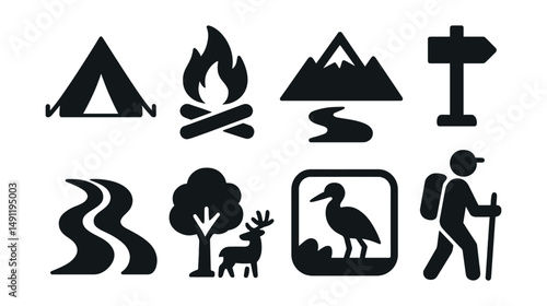 Solid style icons of camping and nature travel: tent, campfire, mountain icon, trail marker, river icon, nature reserve, wildlife sighting, eco hike.