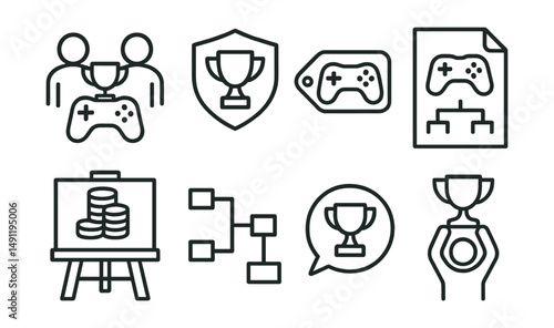 Line style icons of game tournaments: competition icon, esports badge, final match tag, knockout file, prize pool board, match-up chart, event outcome bubble, tournament winner symbol.