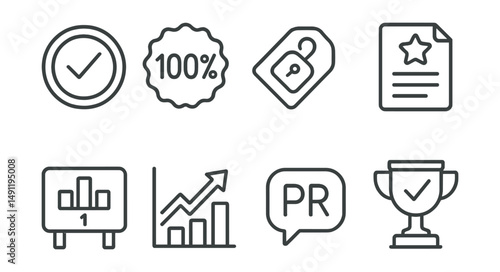 Line style icons of gaming achievements: completion icon, 100% badge, unlocked feature tag, high score file, leaderboard board, achievement chart, personal record bubble, success symbol.