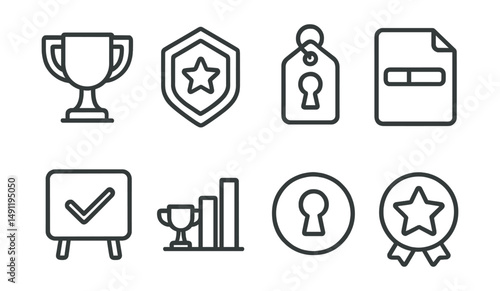 Line style icons of game achievements: trophy icon, level-up badge, unlocked achievement tag, progress bar file, completion board, trophy chart, unlockable bubble, game achievement symbol.