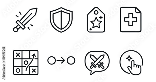 Line style icons of game interactions: attack icon, defense badge, magic move tag, healing spell file, combat board, action sequence chart, battle bubble, skill interaction symbol.