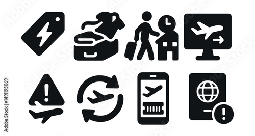 Solid style icons of last-minute travel: flash sale icon, quick pack bag, late check-in, instant booking, travel alert, flexible schedule, mobile boarding pass, urgent passport.