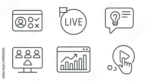Line style icons of interactive streaming: viewer voting icon, live poll badge, real-time question tag, interactive quiz file, audience input board, live feedback chart, instant reaction bubble,