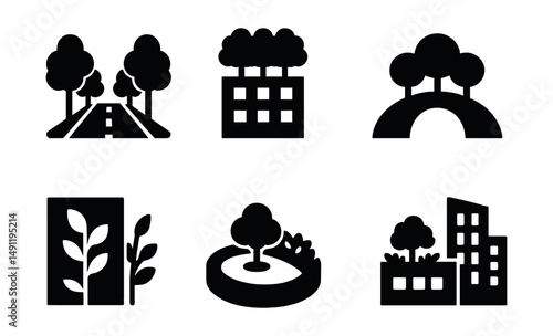 Solid style icons of urban green integration: tree-lined avenue, rooftop forest, green belt, eco bridge, living wall, urban park ring, garden rooftop, nature in city.