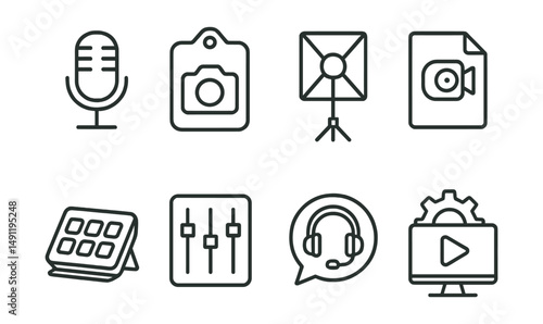 Line style icons of stream equipment: microphone icon, camera badge, lighting setup tag, webcam file, stream desk board, audio mixer chart, headset bubble, streaming gear symbol.