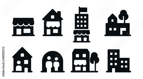 Solid style icons of mixed-use development: retail base icon, live-work unit, tower with shop level, civic rooftop, cowork-residence, social mix zone, street integration, multi-purpose block.