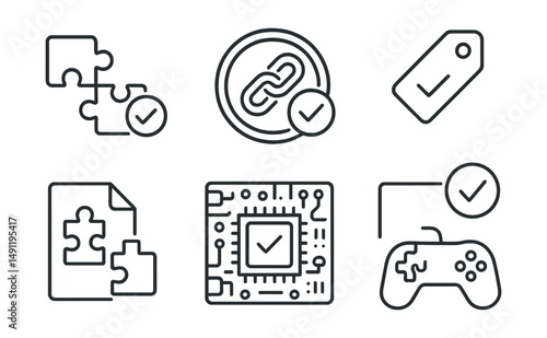 Line style icons of mod compatibility: compatibility icon, patch compatibility badge, supported mod tag, mod compatibility file, compatible system board, feature list chart, system check bubble, game