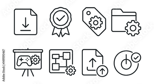 Line style icons of mods installation: mod download icon, installation badge, setup file tag, mod manager file, game modification board, installation guide chart, file extraction bubble, mod