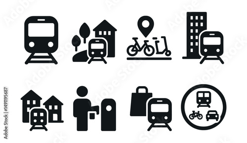 Solid style icons of transit-oriented development: metro icon, station neighborhood, last-mile hub, train tower zone, compact housing near transit, fare access layer, rail-linked retail, mobility