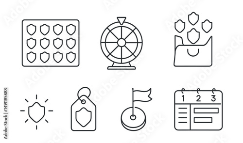 Line style icons of loyalty trends and gamification: badge collection layout, reward wheel icon, “collect all” symbol, streak tracker icon, badge unlock moment, loyalty challenge tag, weekly goal