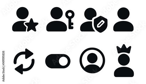 Solid style icons of team roles and permissions: team leader star, admin key, editor badge, viewer icon, role switch, access toggle, guest icon, owner crown.