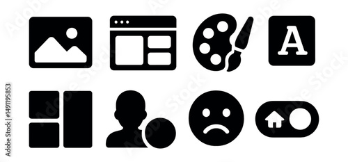Solid style icons of workspace personalization: wallpaper icon, widget dock, color theme, font setting, layout preference, avatar skin, mood status, office theme toggle.