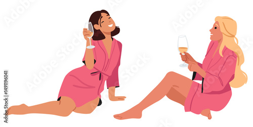 Two women best friends in fashion bathrobe drinking champagne and gossiping isolated on white