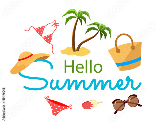 Text hello summer on a white background. Hat, sunglasses, palm trees, swimsuit, ice cream