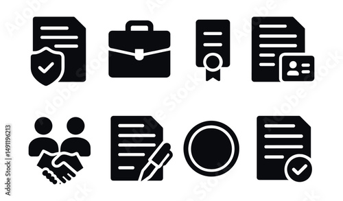 Solid style icons of venture legal setup: incorporation document, legal name, business license, tax ID icon, founder agreement, contract icon, NDA badge, compliance sheet.