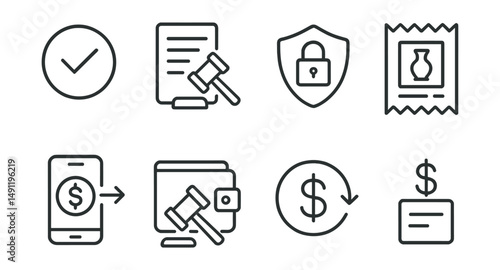 Line style icons of auction payment and confirmation: payment complete badge, bid to invoice icon, secure checkout for win, receipt with item ID, digital transfer icon, wallet + hammer symbol, payout