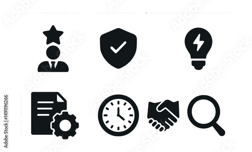 Solid style icons of entrepreneurial skills: leadership icon, resilience badge, innovation spark, negotiation hand, financial literacy, time management, adaptability icon, focus lens.