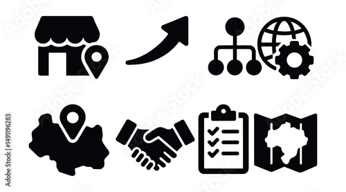Solid style icons of business expansion: new market icon, growth arrow, distribution channel, export badge, regional launch, strategic partnership, expansion checklist, scale map.