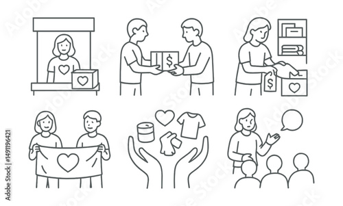 Line style icons of volunteer + sale coordination: volunteer at booth icon, logistics handoff icon, product labeling day, donation + stockroom icon, team + charity banner, helping hands and items,