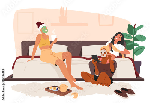 Happy female friends gossiping, enjoying beauty procedure having fun during home pajama party