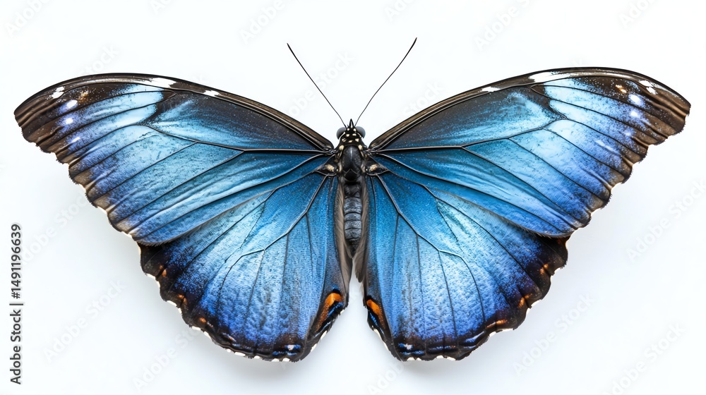 Obraz premium A vibrant blue butterfly with fully spread wings is prominently displayed in the photograph.