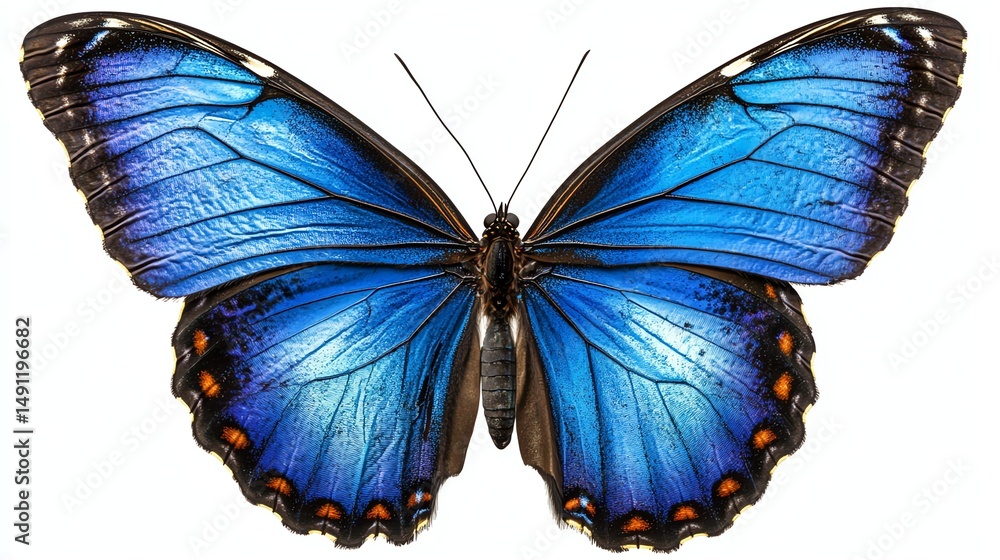 Fototapeta premium A vibrant blue butterfly with fully spread wings is prominently displayed in the stock photo.