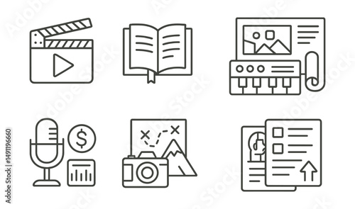 Line style icons of creative projects: independent film icon, book publishing sketch, art installation plan, music production symbol, podcast gear + funding, photography trip plan, animation