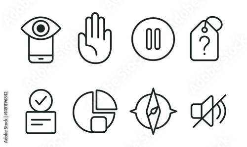 Line style icons of mindful tech use: focused eye over phone, present moment hand icon, pause before scroll badge, “do I need this?” tag, single task mode, intentional app use chart, attention