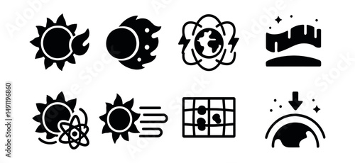 Solid style icons of space weather: solar flare, coronal mass ejection, magnetic storm, aurora, cosmic radiation, solar wind icon, sunspot map, atmosphere breach.
