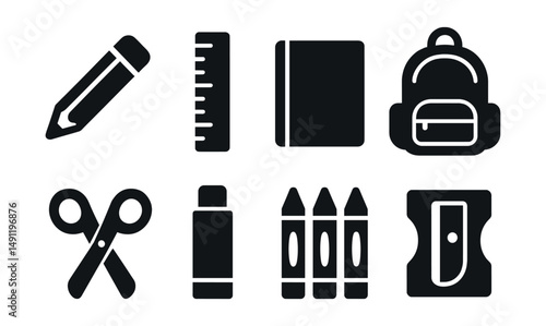 Solid style icons of school supplies: pencil, ruler, notebook, backpack, scissors, glue stick, crayons, sharpener.