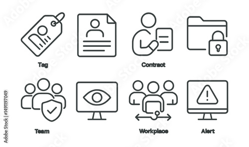 Line style icons of employee data rights: workplace transparency tag, employee data report, contract access icon, manager audit trail, HR file with lock, team access control, visibility on workplace