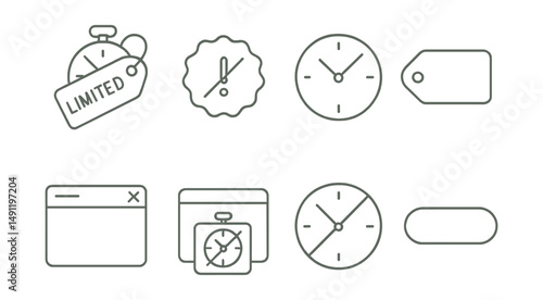 Line style icons of no forced urgency: limited offer with countdown disabled, urgency badge dimmed, calm timer design, “decide when ready” tag, no push-through pop-up, dismiss countdown alert, no