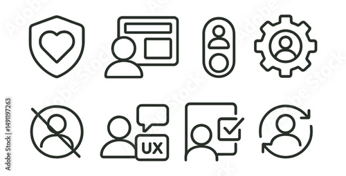 Line style icons of user-centric design choices: UI designed for care badge, needs-first layout icon, “you first” toggle, accessible settings icon, no manipulation symbol, open UX feedback button,